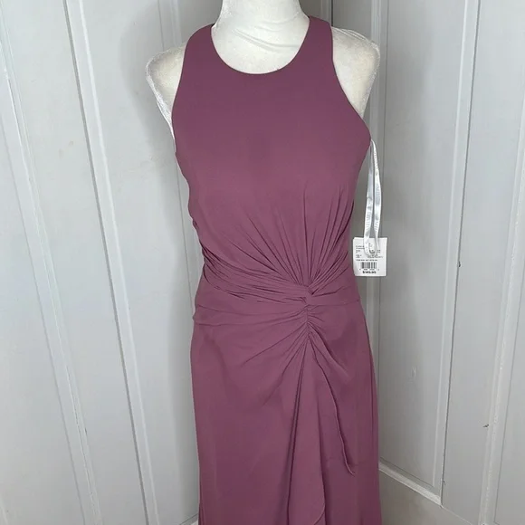 high-neck bridesmaid dress with cascade twist Round Neck Sheath Chiffon Appliqued Bridesmaid Dress in Toffee